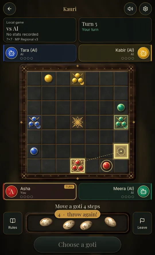 A Kauri match on the larger 7 by 7 board