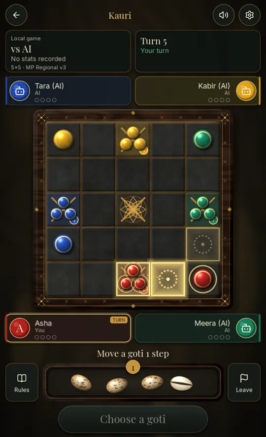 A Kauri match on the 5 by 5 board, with legal moves glowing
