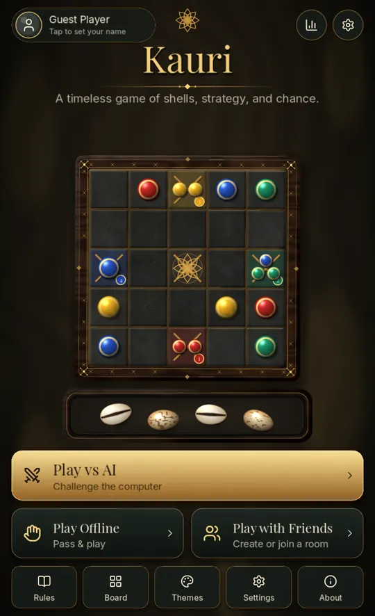 Kauri home screen with the board and cowrie shells